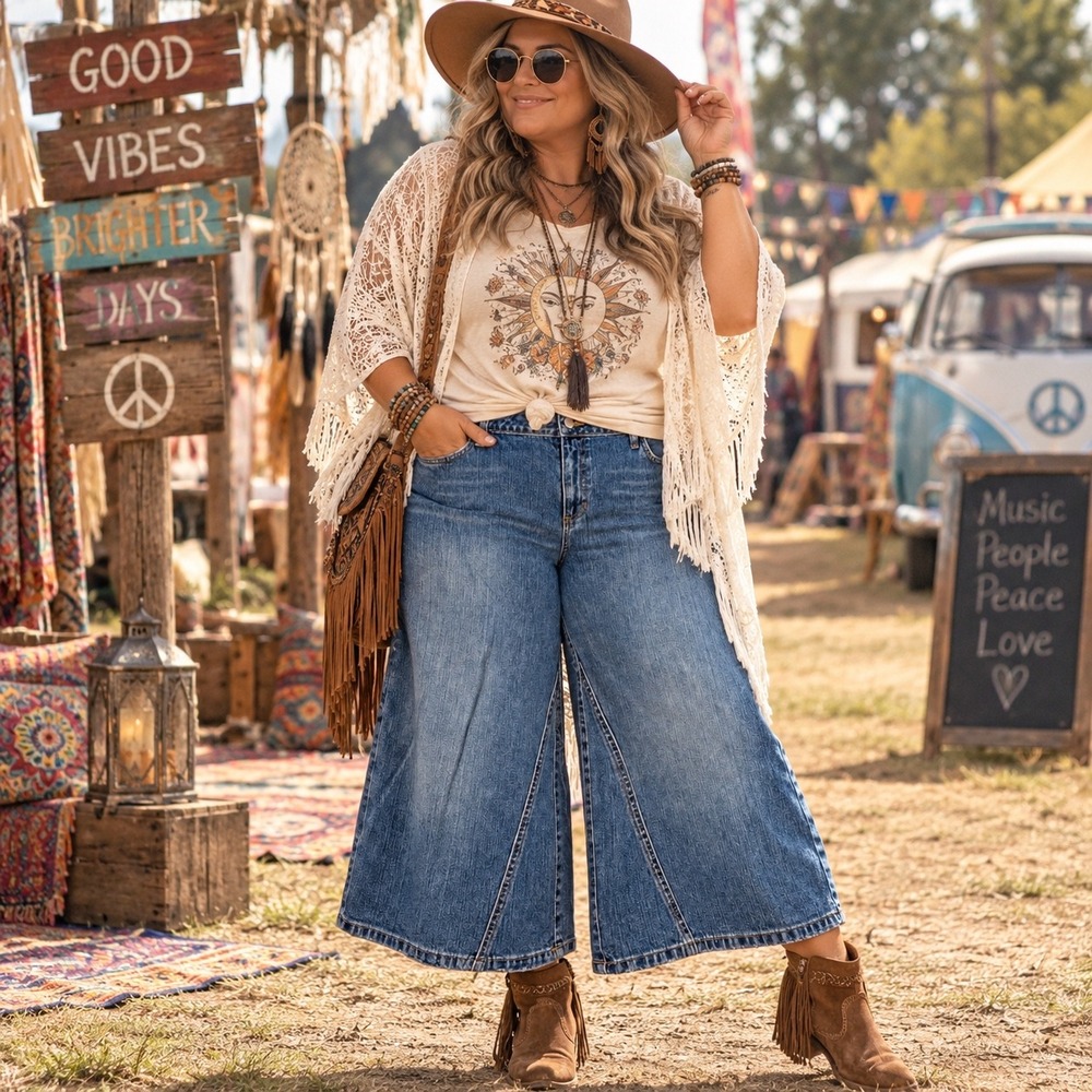 Cato Gaucho Wide Leg Jeans Women 14 Blue Denim Culottes Y2K Festival Hippie Boho